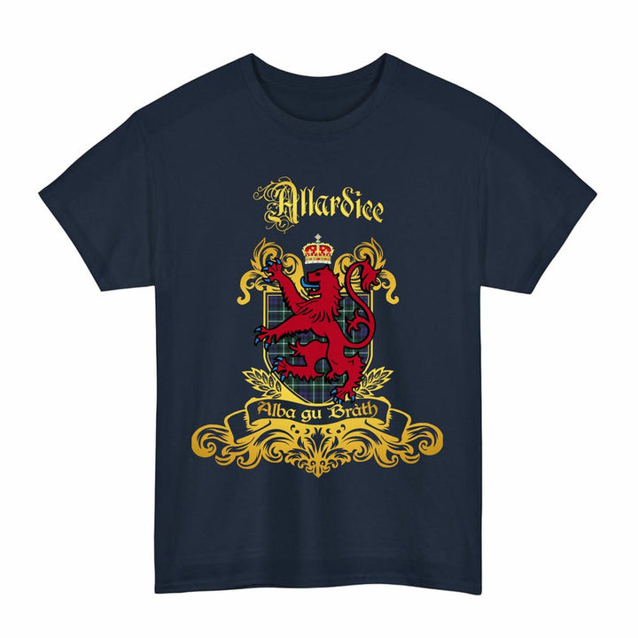 Scottish Allardice Clan Tartan Lion Rampant of Scotland T-Shirt Tartan Plaid Navy Color