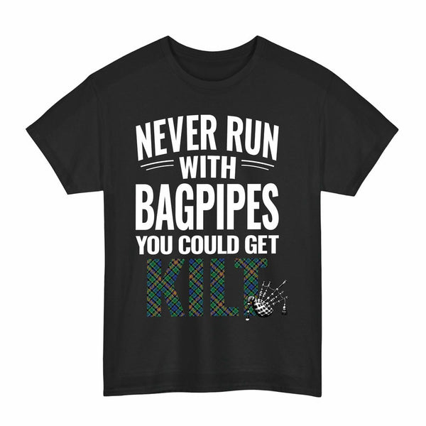 Scottish Allison Clan Tartan Never Run With Bagpipes T-Shirt Tartan Plaid Black Color
