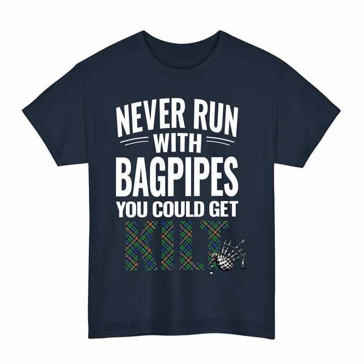 Scottish Allison Clan Tartan Never Run With Bagpipes T-Shirt Tartan Plaid Navy Color