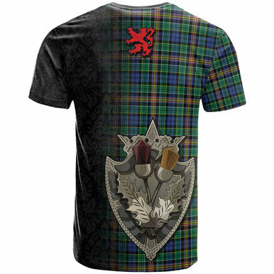 Scottish Allison Clan Tartan T-Shirt - Half Thistle Flowers Celtic Design Back Side Tartan Plaid