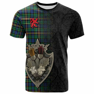 Scottish Allison Clan Tartan T-Shirt - Half Thistle Flowers Celtic Design Front Side Tartan Plaid