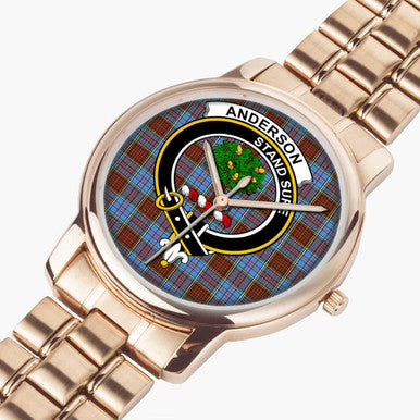 Scottish Anderson Clan Crest Tartan Folding Clasp Steel Quartz Watches Tartan Plaid Rose Gold 2