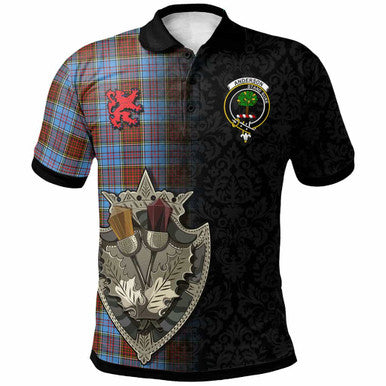 Scottish Anderson Clan Crest Tartan Polo Shirt - Half Thistle Flowers Celtic Design Front Side Tartan Plaid