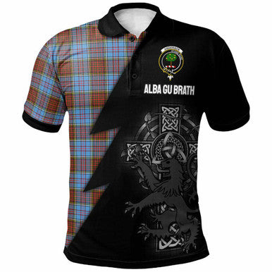 Scottish Anderson Clan Crest Tartan Polo Shirt - Lion Rampant Celtic Cross Flash Style Front Side Tartan Plaid