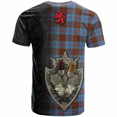 Scottish Anderson Clan Crest Tartan T-Shirt - Half Thistle Flowers Celtic Design Back Side Tartan Plaid
