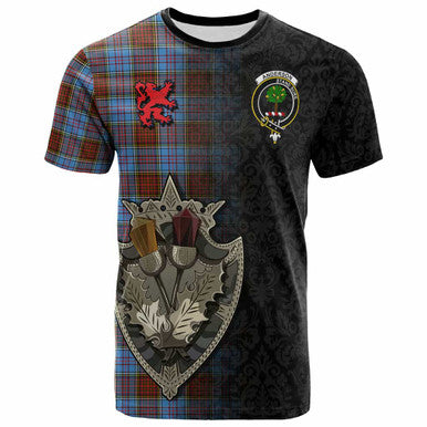 Scottish Anderson Clan Crest Tartan T-Shirt - Half Thistle Flowers Celtic Design Front Side Tartan Plaid