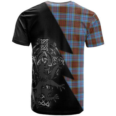 Scottish Anderson Clan Crest Tartan T-Shirt - Lion Rampant Celtic Cross Flash Style Back Side Tartan Plaid