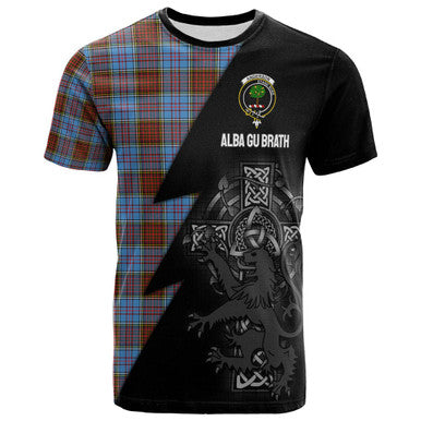 Scottish Anderson Clan Crest Tartan T-Shirt - Lion Rampant Celtic Cross Flash Style Front Side Tartan Plaid