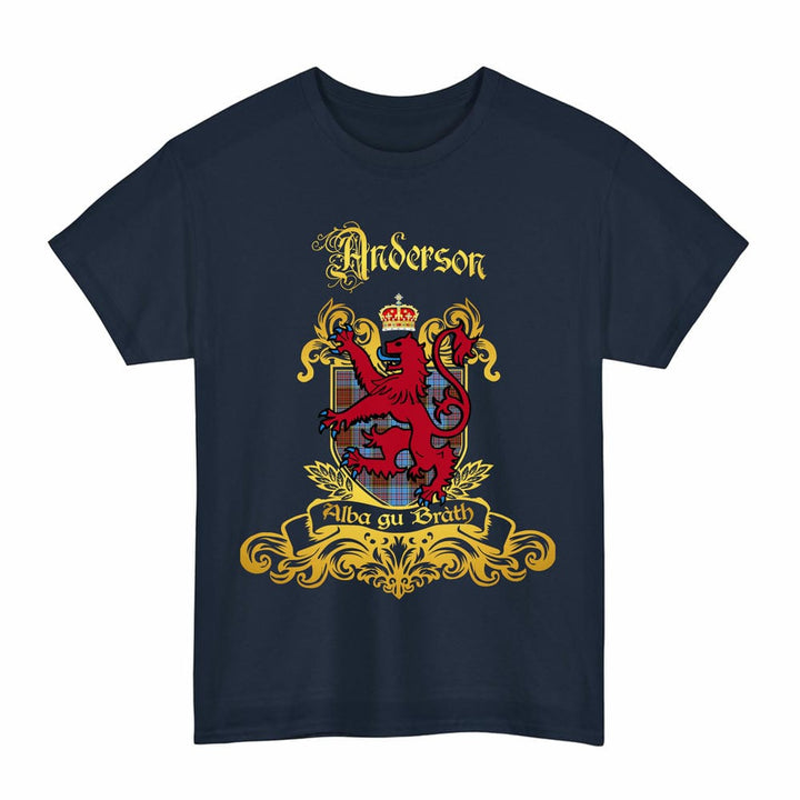 Scottish Anderson Clan Tartan Lion Rampant of Scotland T-Shirt Tartan Plaid Navy Color