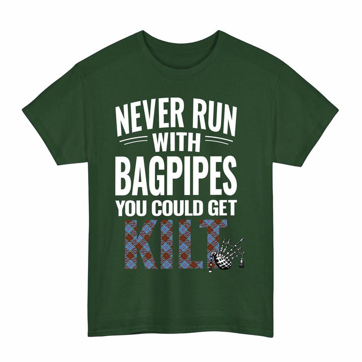 Scottish Anderson Modern Clan Tartan Never Run With Bagpipes T-Shirt Tartan Plaid Forest Green Color
