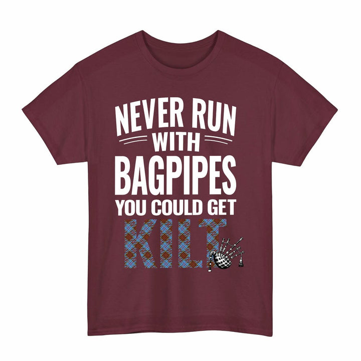 Scottish Anderson Modern Clan Tartan Never Run With Bagpipes T-Shirt Tartan Plaid Maroon Color