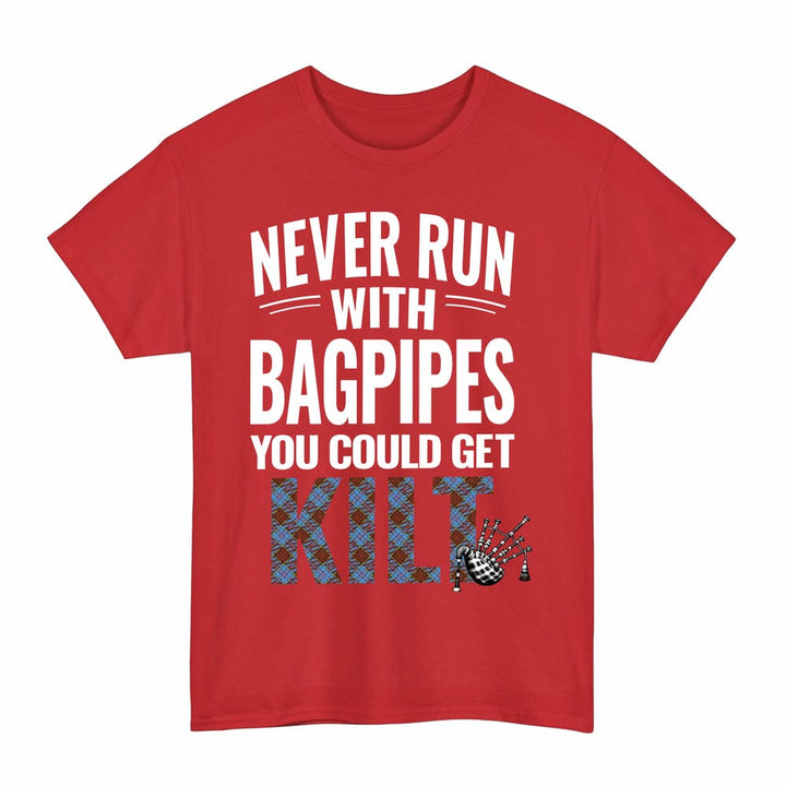 Scottish Anderson Modern Clan Tartan Never Run With Bagpipes T-Shirt Tartan Plaid Red Color