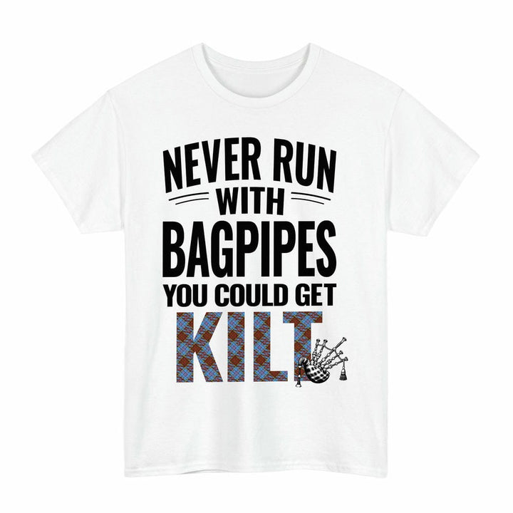 Scottish Anderson Modern Clan Tartan Never Run With Bagpipes T-Shirt Tartan Plaid White Color