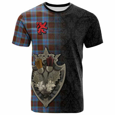 Scottish Anderson Modern Clan Tartan T-Shirt - Half Thistle Flowers Celtic Design Front Side Tartan Plaid