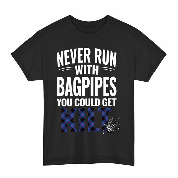 Scottish Angus Modern Clan Tartan Never Run With Bagpipes T-Shirt Tartan Plaid Black Color