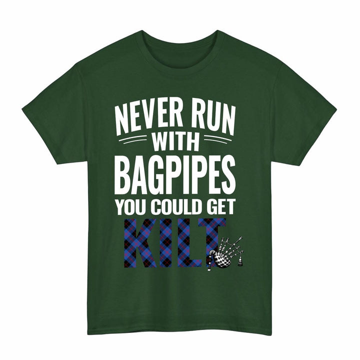 Scottish Angus Modern Clan Tartan Never Run With Bagpipes T-Shirt Tartan Plaid Forest Green Color