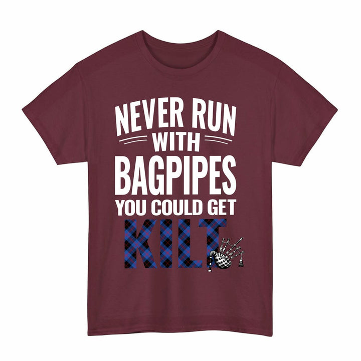 Scottish Angus Modern Clan Tartan Never Run With Bagpipes T-Shirt Tartan Plaid Maroon Color
