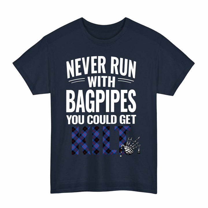 Scottish Angus Modern Clan Tartan Never Run With Bagpipes T-Shirt Tartan Plaid Navy Color