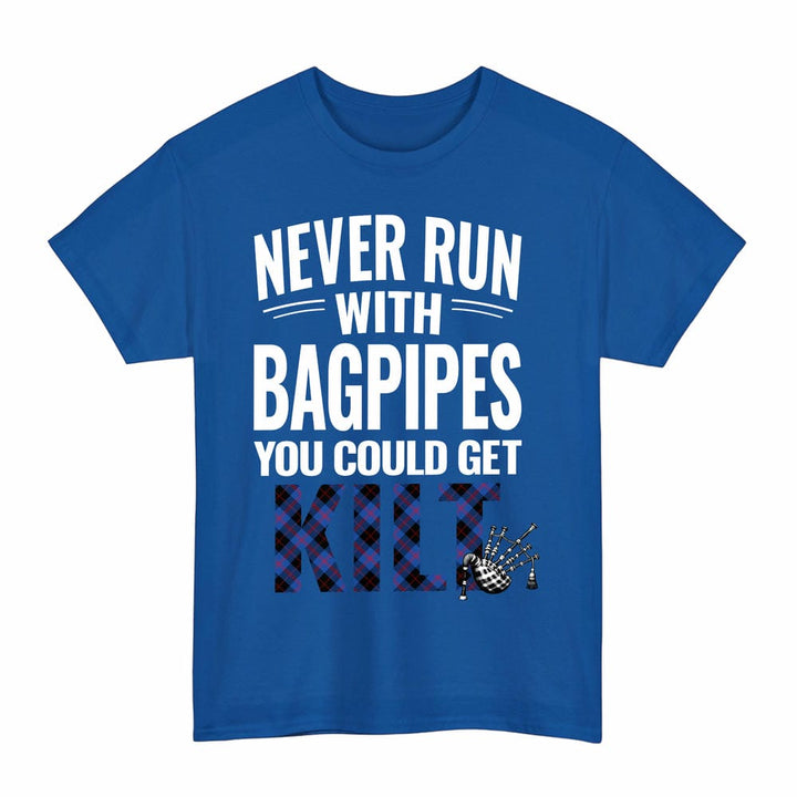 Scottish Angus Modern Clan Tartan Never Run With Bagpipes T-Shirt Tartan Plaid Royal Color