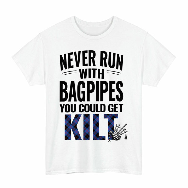 Scottish Angus Modern Clan Tartan Never Run With Bagpipes T-Shirt Tartan Plaid White Color