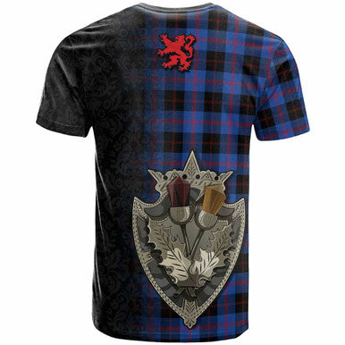 Scottish Angus Modern Clan Tartan T-Shirt - Half Thistle Flowers Celtic Design Back Side Tartan Plaid