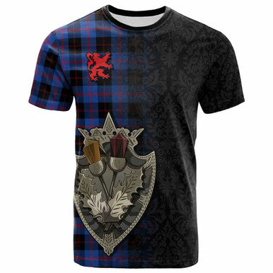 Scottish Angus Modern Clan Tartan T-Shirt - Half Thistle Flowers Celtic Design Front Side Tartan Plaid