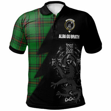 Scottish Anstruther Clan Crest Tartan Polo Shirt - Lion Rampant Celtic Cross Flash Style Front Side Tartan Plaid