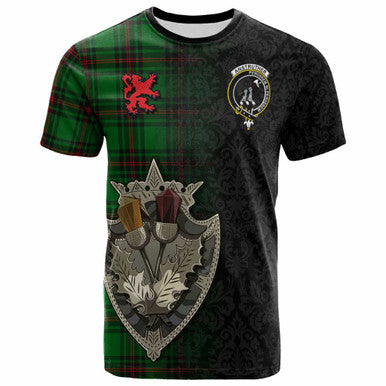 Scottish Anstruther Clan Crest Tartan T-Shirt - Half Thistle Flowers Celtic Design Front Side Tartan Plaid