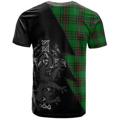 Scottish Anstruther Clan Crest Tartan T-Shirt - Lion Rampant Celtic Cross Flash Style Back Side Tartan Plaid