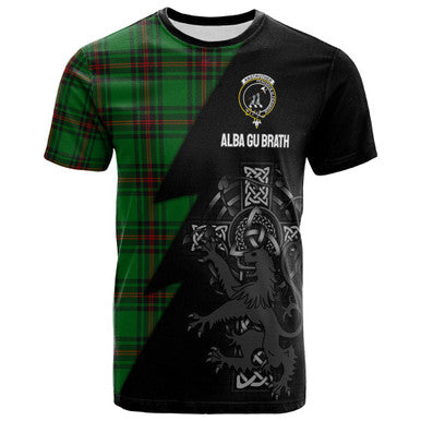 Scottish Anstruther Clan Crest Tartan T-Shirt - Lion Rampant Celtic Cross Flash Style Front Side Tartan Plaid