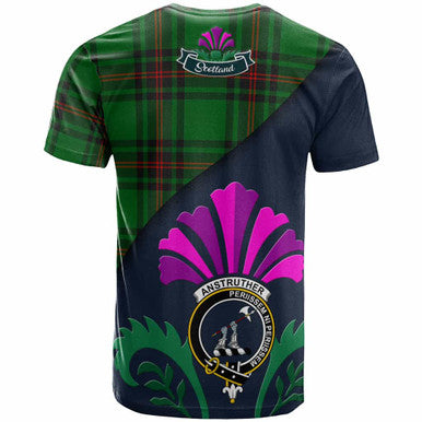 Scottish Anstruther Clan Crest Tartan T-Shirt - Scotland Thistle Style Back Side Tartan Plaid