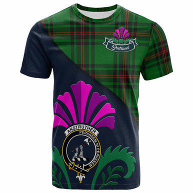 Scottish Anstruther Clan Crest Tartan T-Shirt - Scotland Thistle Style Front Side Tartan Plaid