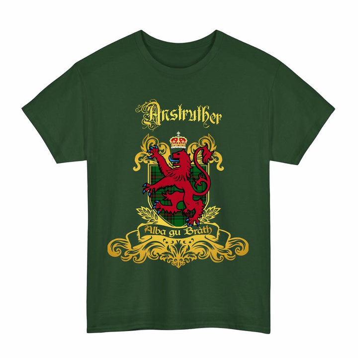 Scottish Anstruther Clan Tartan Lion Rampant of Scotland T-Shirt Tartan Plaid Forest Green Color