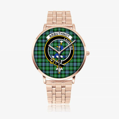 Scottish Arbuthnot Clan Crest Tartan Instafamous Steel Quartz Watches Tartan Plaid Rose Gold 1