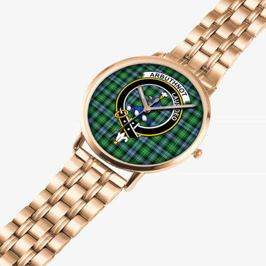 Scottish Arbuthnot Clan Crest Tartan Instafamous Steel Quartz Watches Tartan Plaid Rose Gold 2