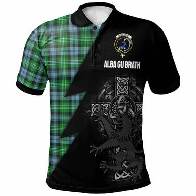 Scottish Arbuthnot Clan Crest Tartan Polo Shirt - Lion Rampant Celtic Cross Flash Style Front Side Tartan Plaid