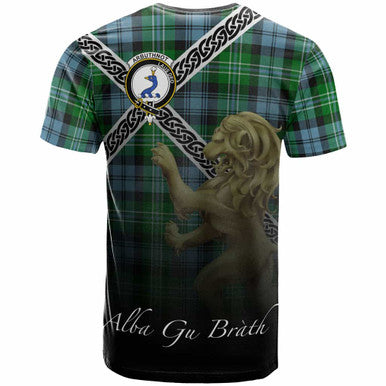 Scottish Arbuthnot Clan Crest Tartan T-Shirt - Celtic With Scotland Lion Back Side Tartan Plaid