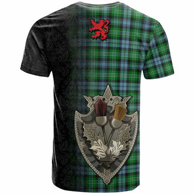 Scottish Arbuthnot Clan Crest Tartan T-Shirt - Half Thistle Flowers Celtic Design Back Side Tartan Plaid