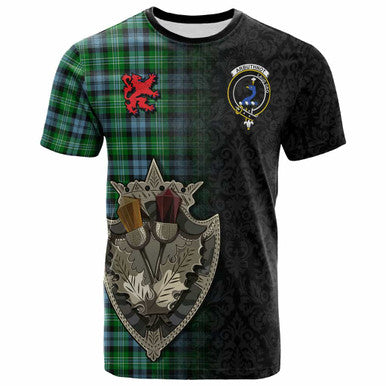 Scottish Arbuthnot Clan Crest Tartan T-Shirt - Half Thistle Flowers Celtic Design Front Side Tartan Plaid
