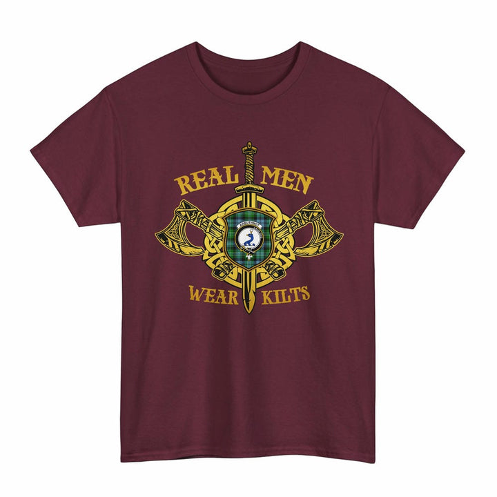 Scottish Arbuthnot Clan Crest Tartan T-Shirt Real Men Wear Kilts Tartan Plaid Maroon Color