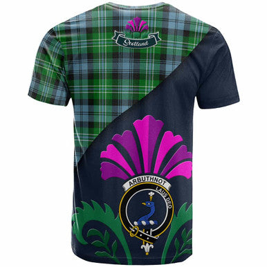Scottish Arbuthnot Clan Crest Tartan T-Shirt - Scotland Thistle Style Back Side Tartan Plaid