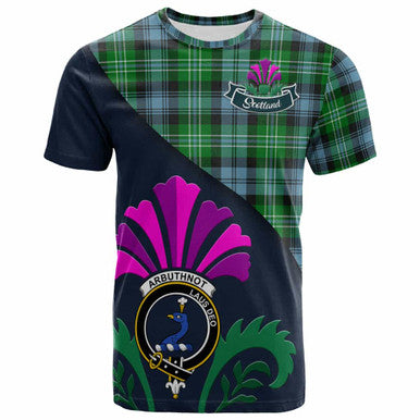 Scottish Arbuthnot Clan Crest Tartan T-Shirt - Scotland Thistle Style Front Side Tartan Plaid