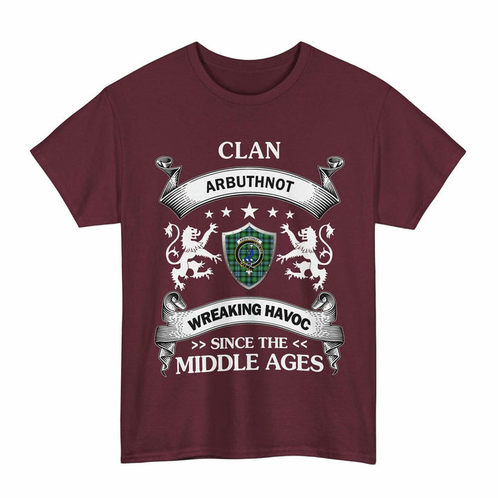 Scottish Arbuthnot Clan Crest Tartan T-Shirt Wreaking Havoc Design Tartan Plaid Maroon Color