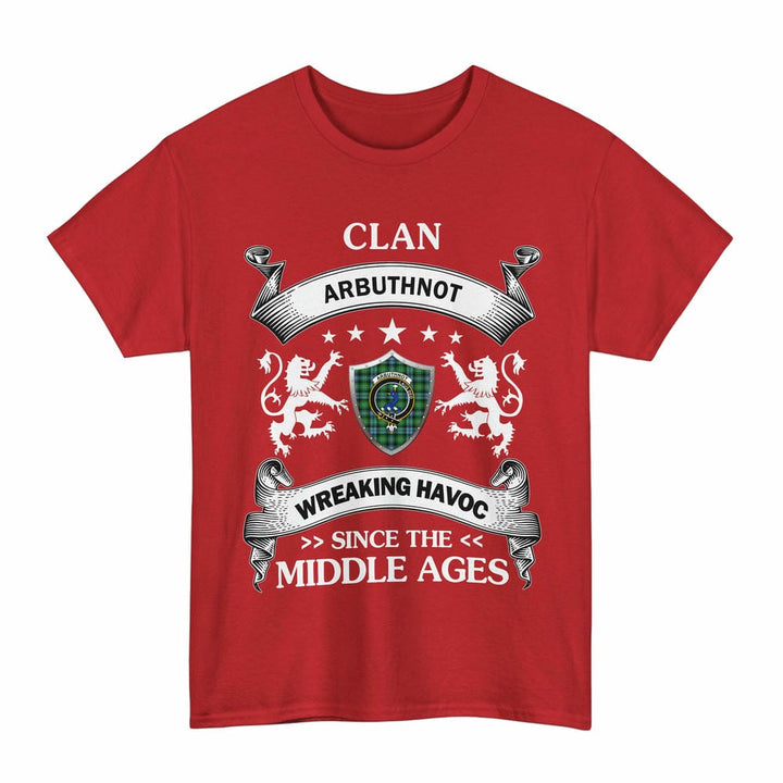 Scottish Arbuthnot Clan Crest Tartan T-Shirt Wreaking Havoc Design Tartan Plaid Red Color