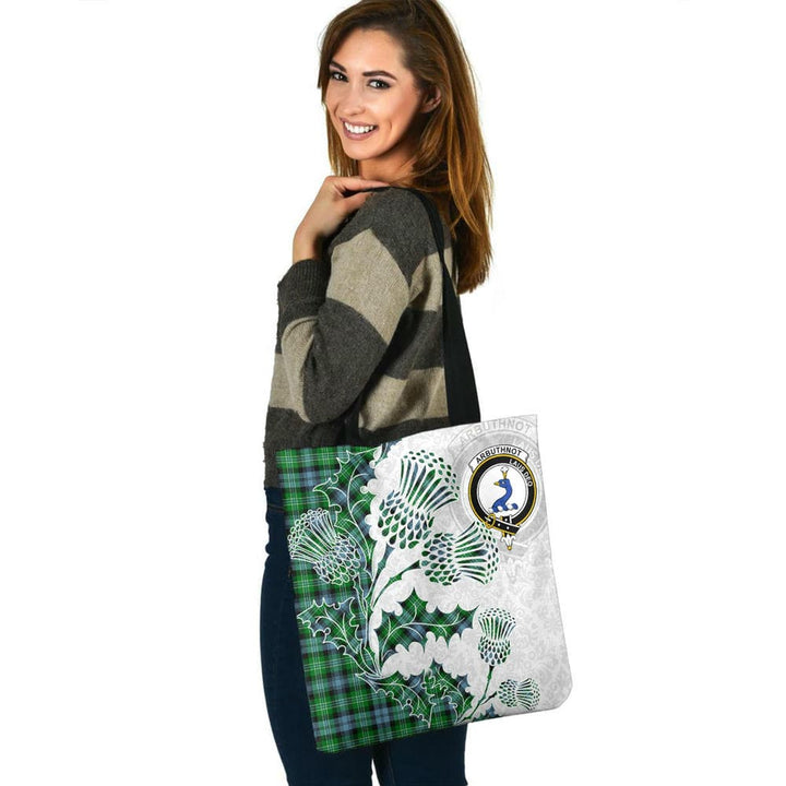 Scottish Arbuthnot Clan Crest Tartan Tote Bag - Thistle Flowers Style Tartan Plaid 3