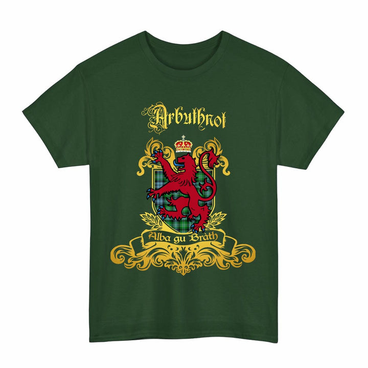 Scottish Arbuthnot Clan Tartan Lion Rampant of Scotland T-Shirt Tartan Plaid Forest Green Color