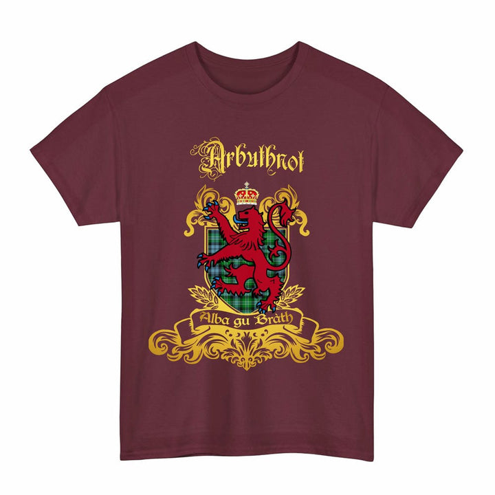Scottish Arbuthnot Clan Tartan Lion Rampant of Scotland T-Shirt Tartan Plaid Maroon Color