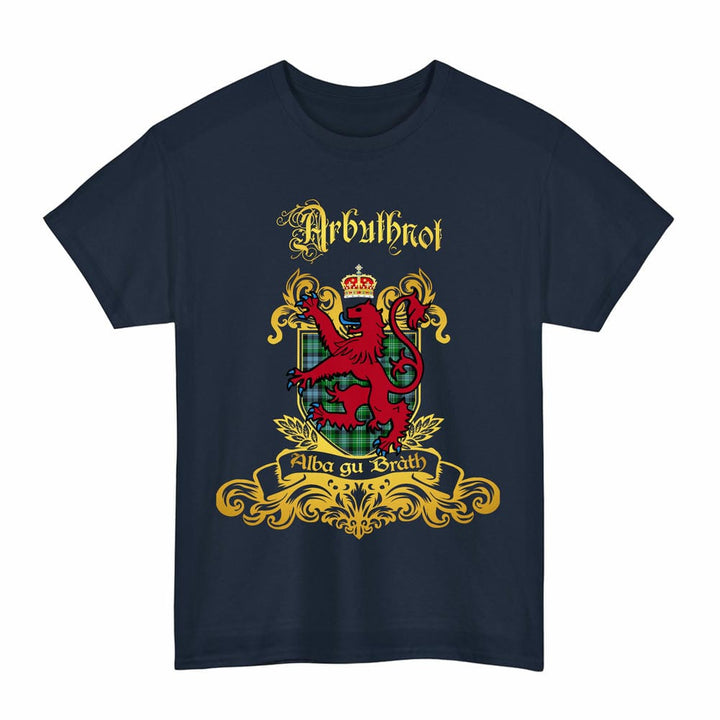 Scottish Arbuthnot Clan Tartan Lion Rampant of Scotland T-Shirt Tartan Plaid Navy Color