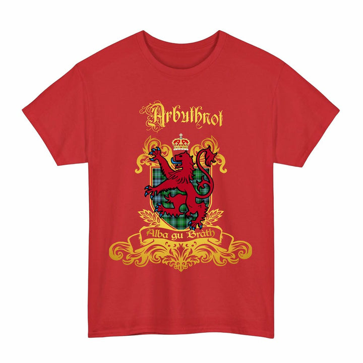 Scottish Arbuthnot Clan Tartan Lion Rampant of Scotland T-Shirt Tartan Plaid Red Color