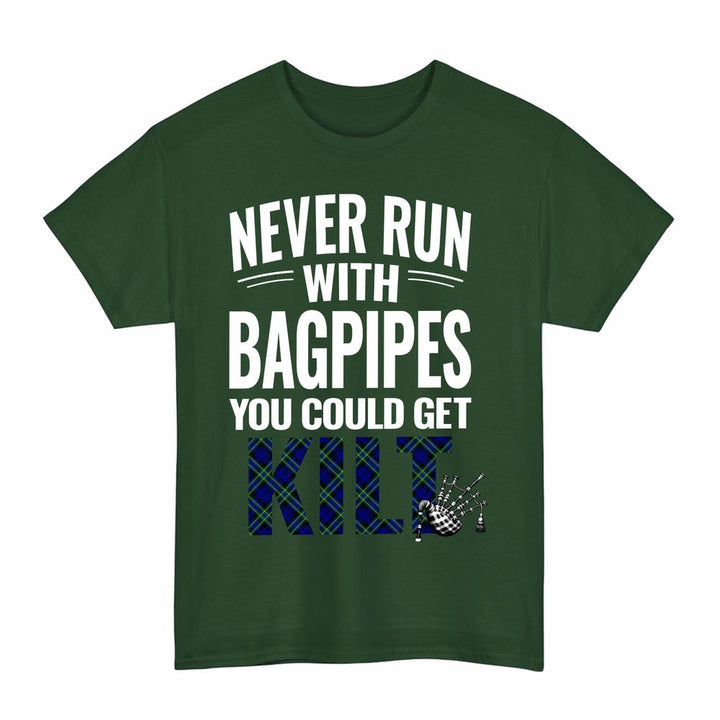 Scottish Arbuthnot Modern Clan Tartan Never Run With Bagpipes T-Shirt Tartan Plaid Forest Green Color